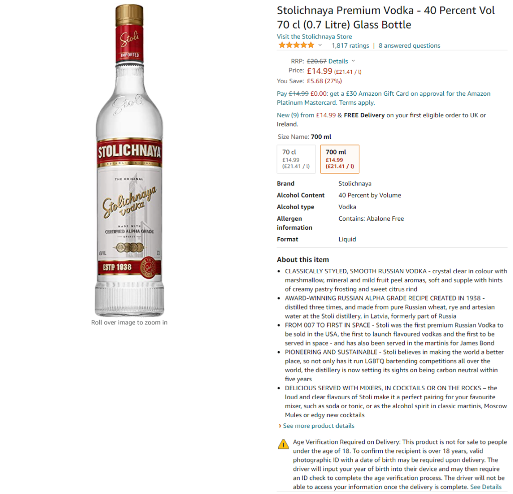 stoli vodka amazon listing title and bullets